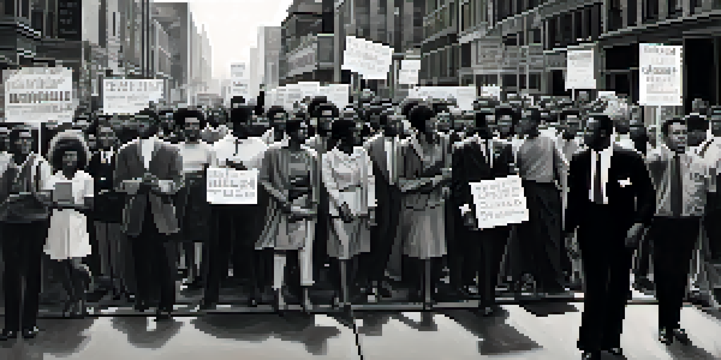 A black and white image of a civil rights protest in Minneapolis, showing diverse activists holding signs for equality on a city street.