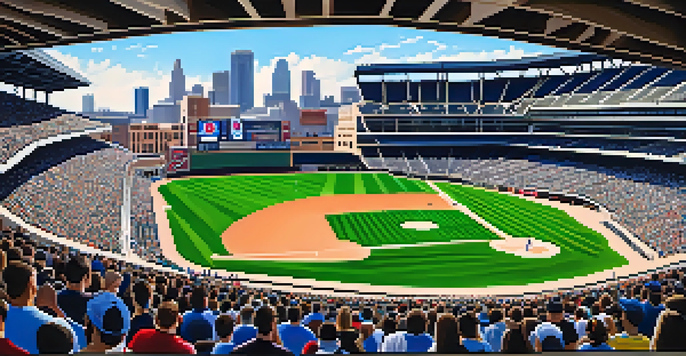 A busy baseball stadium filled with fans, bright green field, and players in action, with the city skyline in the background.