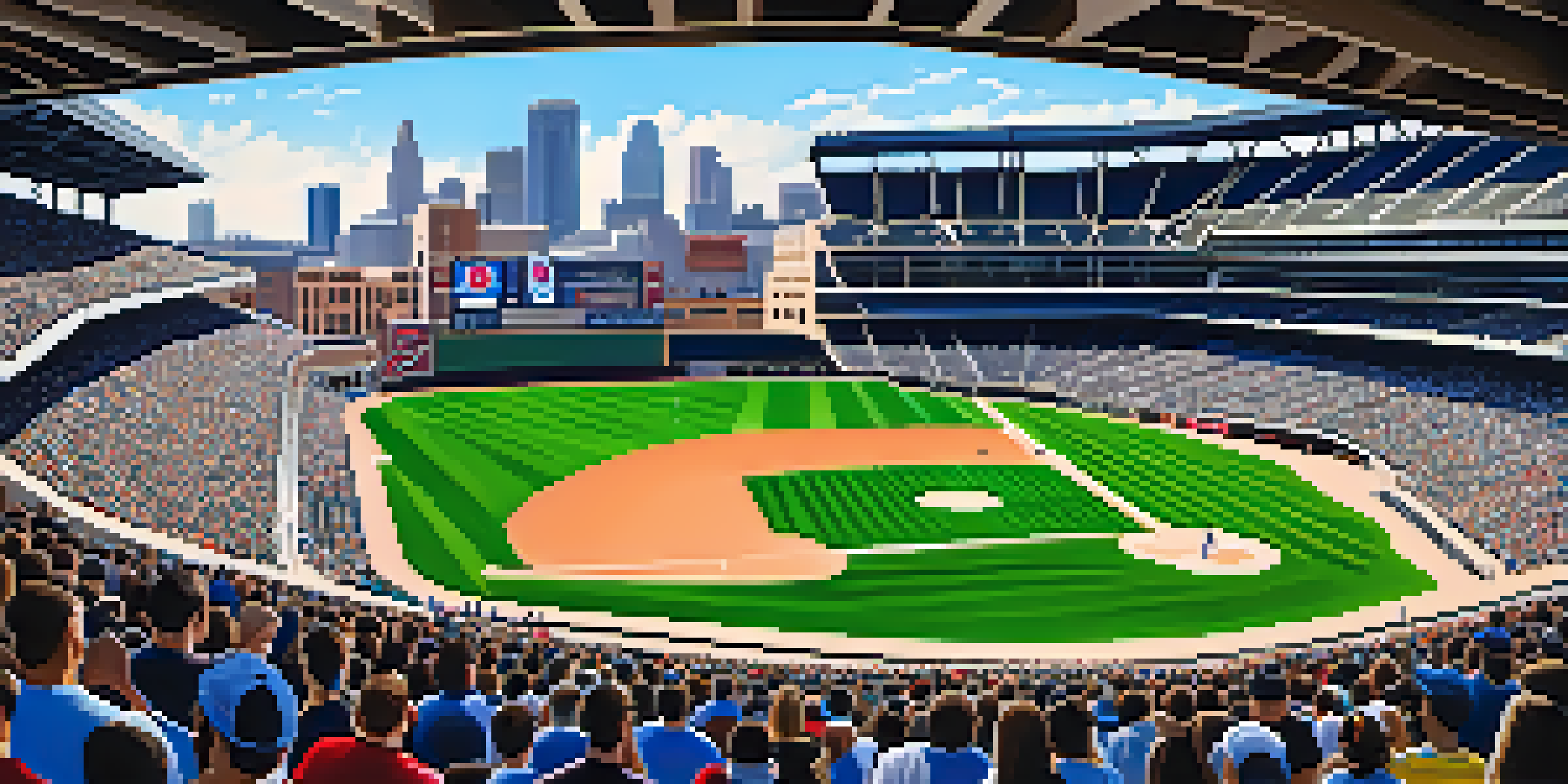 A busy baseball stadium filled with fans, bright green field, and players in action, with the city skyline in the background.