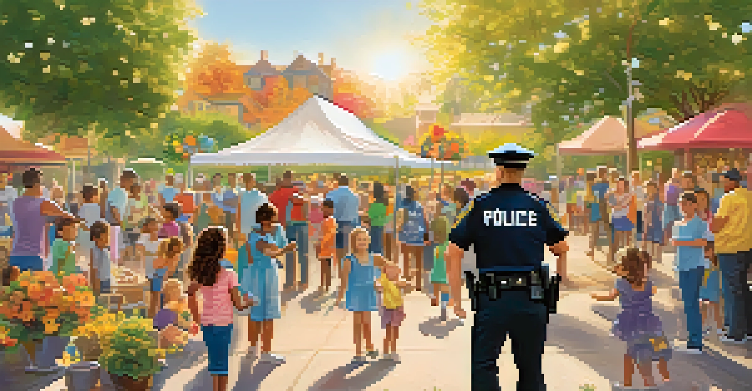 A police officer engaging with children and families at a community event, with colorful flowers and a welcoming atmosphere.