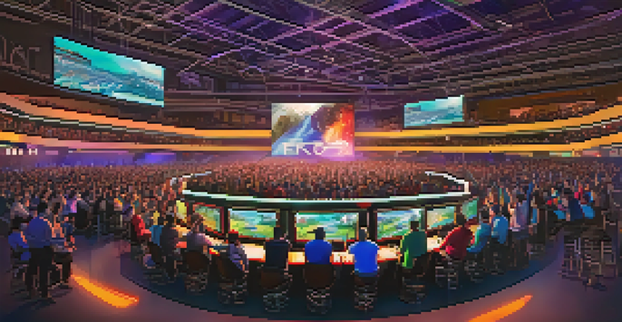 A bustling esports tournament at the Minneapolis Convention Center, with gamers and cheering fans.