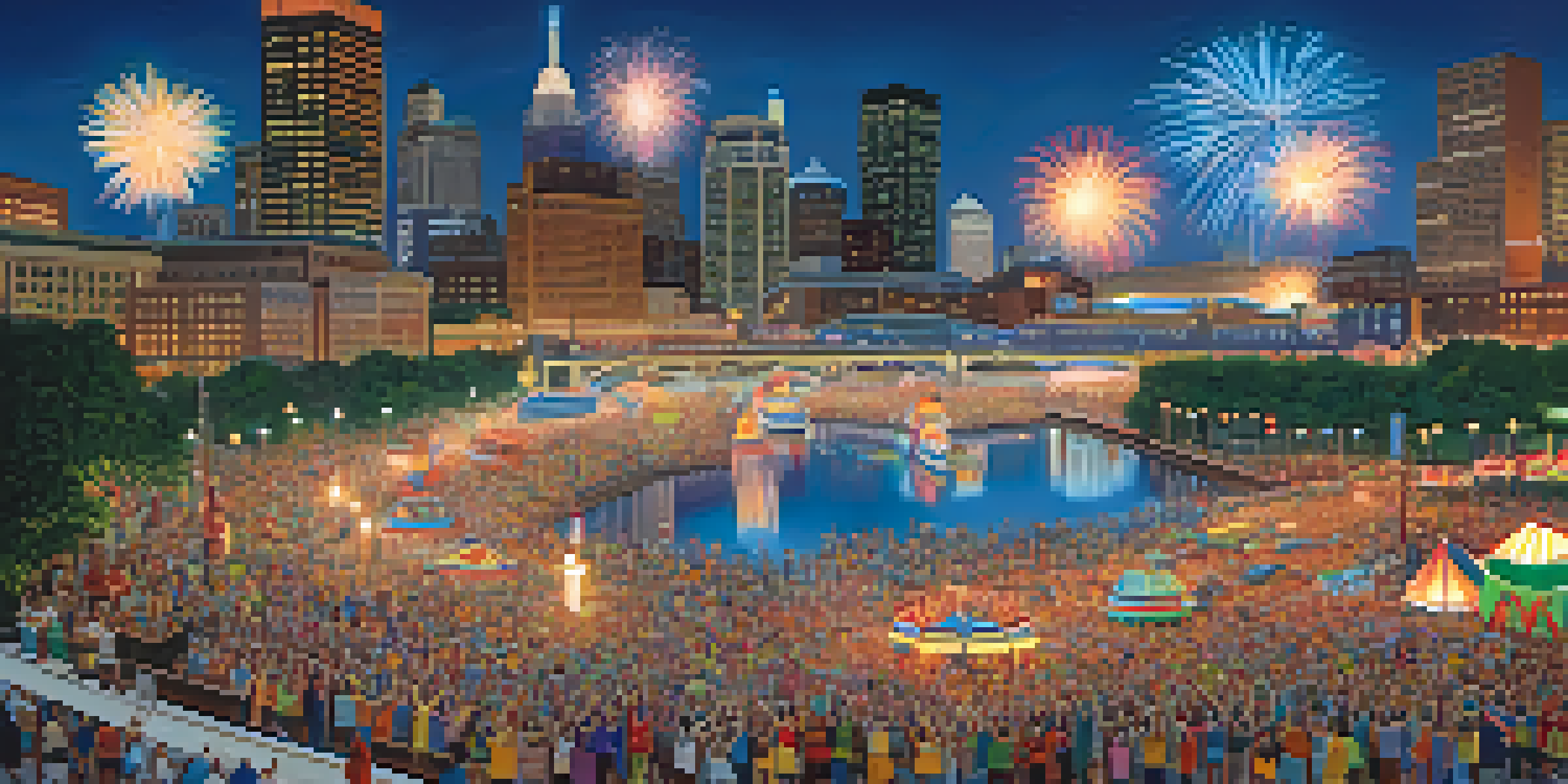A colorful parade with illuminated floats and cheering crowds, fireworks in the sky above the Mississippi River.