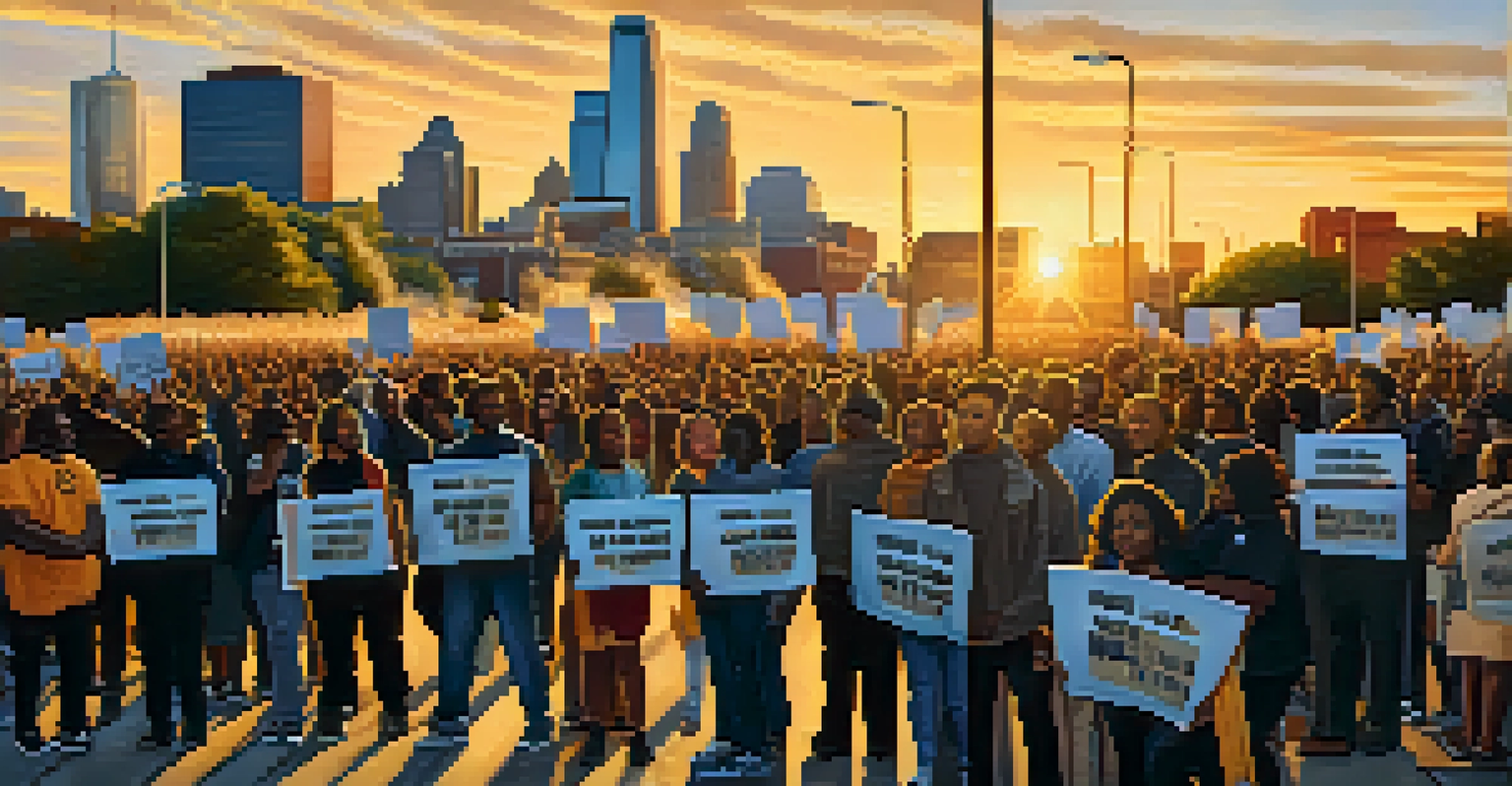 A peaceful protest scene in Minneapolis, featuring community members with signs advocating for social justice against a backdrop of city architecture during sunset, showcasing determination and hope.