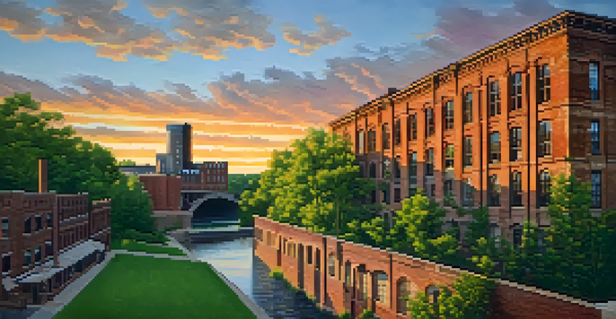 A sunset view of the Mill City Museum with its historic brick facade illuminated and the Mississippi River reflecting the colors.