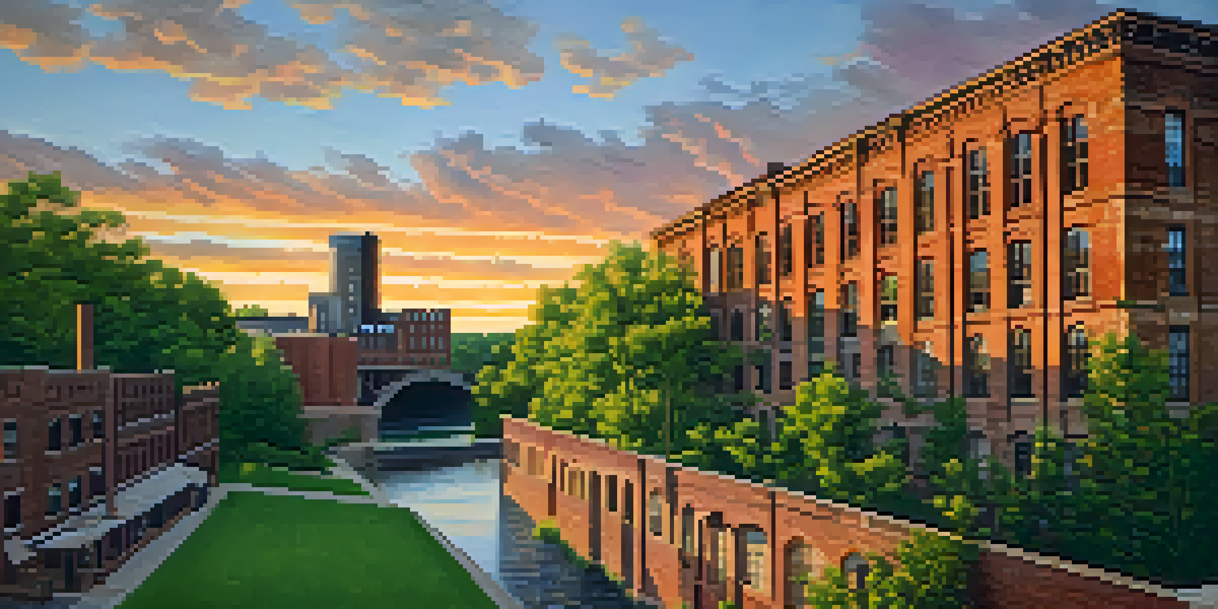 A sunset view of the Mill City Museum with its historic brick facade illuminated and the Mississippi River reflecting the colors.