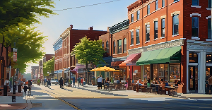 A vibrant urban neighborhood with a mix of historic and modern architecture, featuring murals and people enjoying outdoor activities in warm afternoon light.