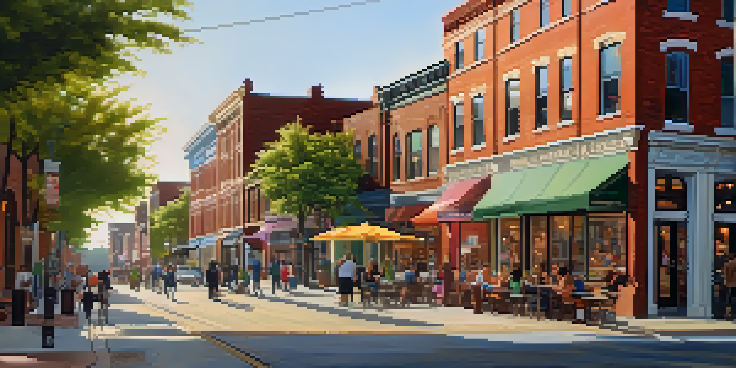 A vibrant urban neighborhood with a mix of historic and modern architecture, featuring murals and people enjoying outdoor activities in warm afternoon light.