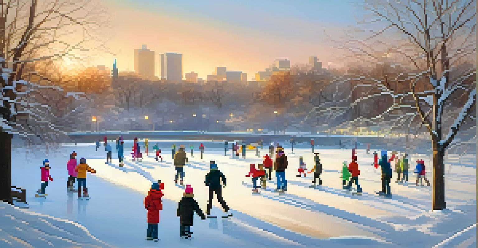 Families ice skating in a snow-covered park during winter, with trees and children playing in the background.