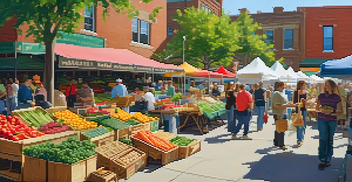 A busy farmers market in Minneapolis with colorful produce, local vendors, and musicians creating a lively atmosphere.