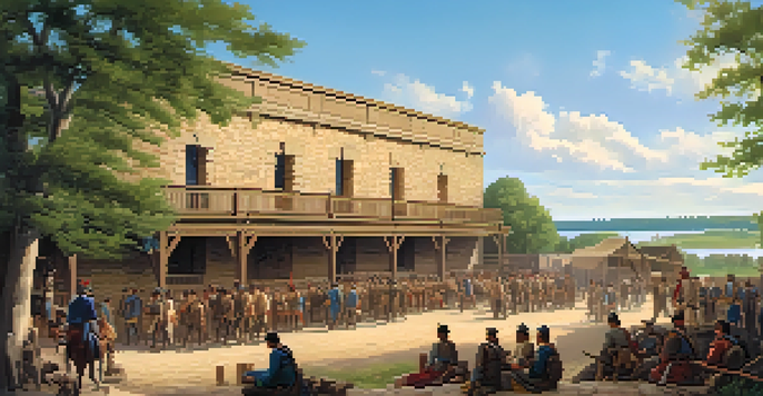 A historical depiction of Fort Snelling with merchants and Native Americans trading, surrounded by greenery and the Mississippi River.