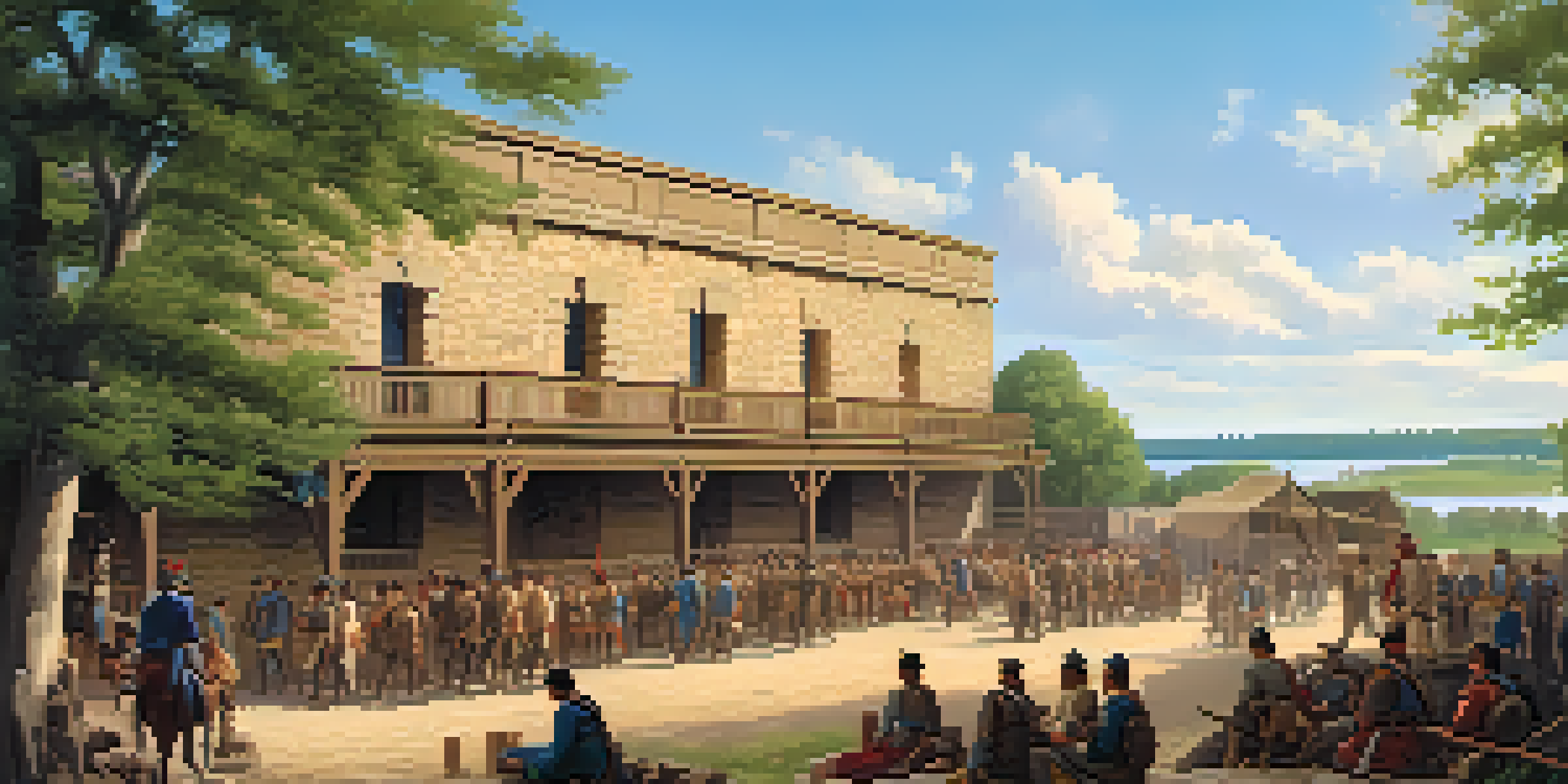 A historical depiction of Fort Snelling with merchants and Native Americans trading, surrounded by greenery and the Mississippi River.