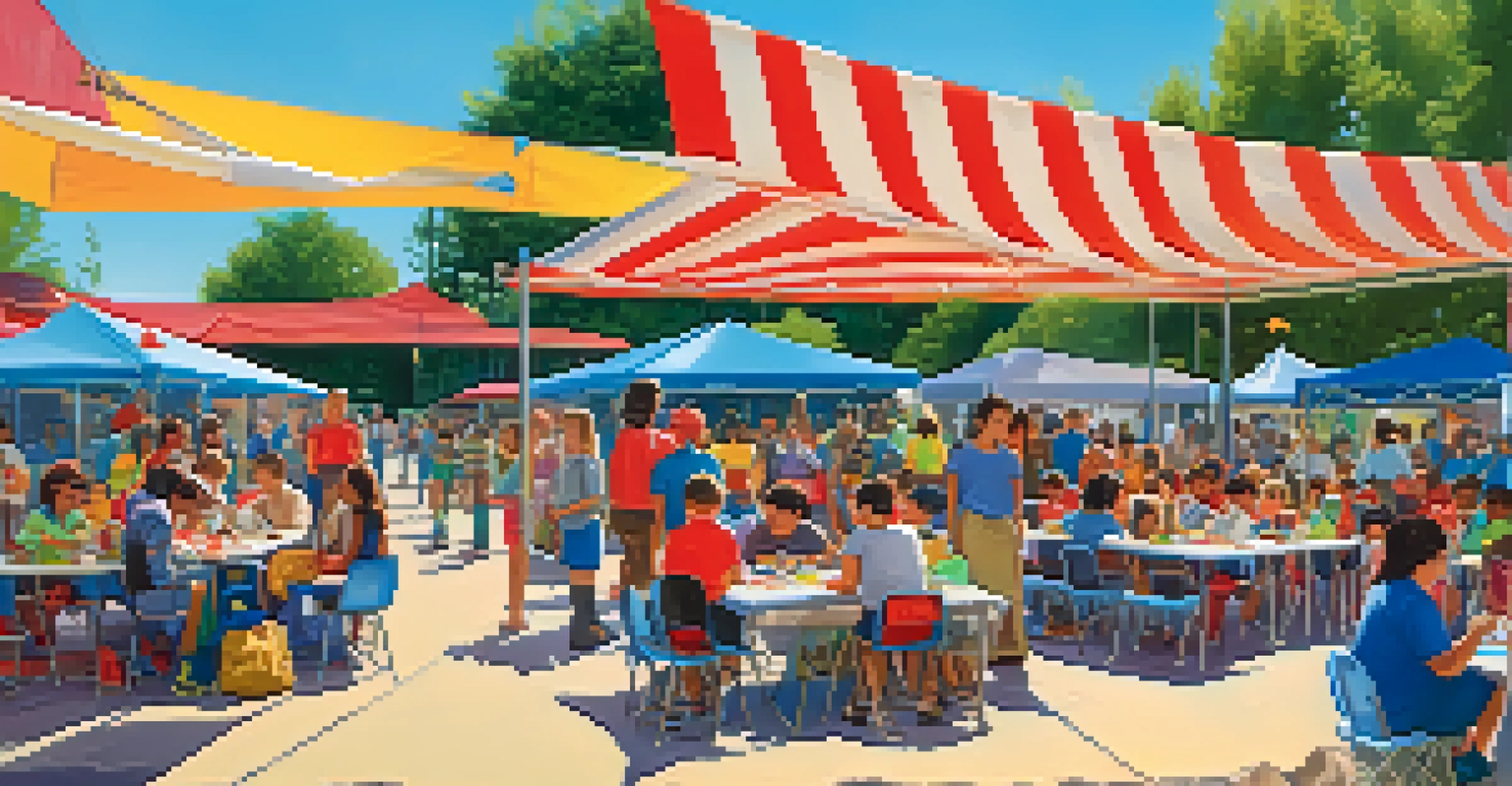 Families and community members enjoying a school fair with colorful booths and children playing games under a blue sky.