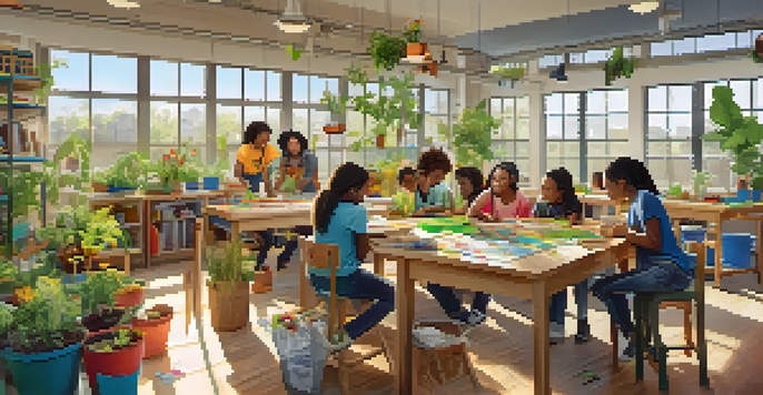 A lively classroom where diverse students are working together on a community garden project, surrounded by colorful educational materials.