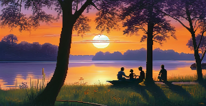 A sunset view of the Mississippi River with silhouettes of trees, a small boat on the water, and a family having a picnic on the shore.