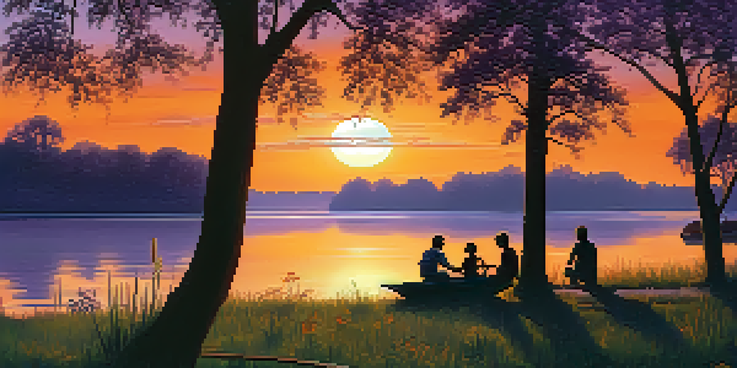 A sunset view of the Mississippi River with silhouettes of trees, a small boat on the water, and a family having a picnic on the shore.
