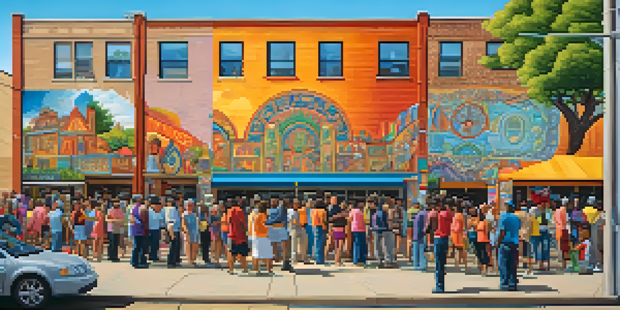 A colorful mural showing a diverse group of people in a community gathering, surrounded by symbolic imagery and bright colors, illuminated by warm afternoon light.