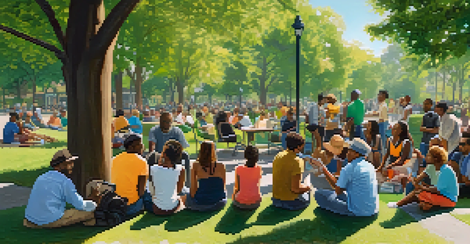 A diverse group of people in a park having a discussion about public safety, surrounded by greenery and colorful banners.