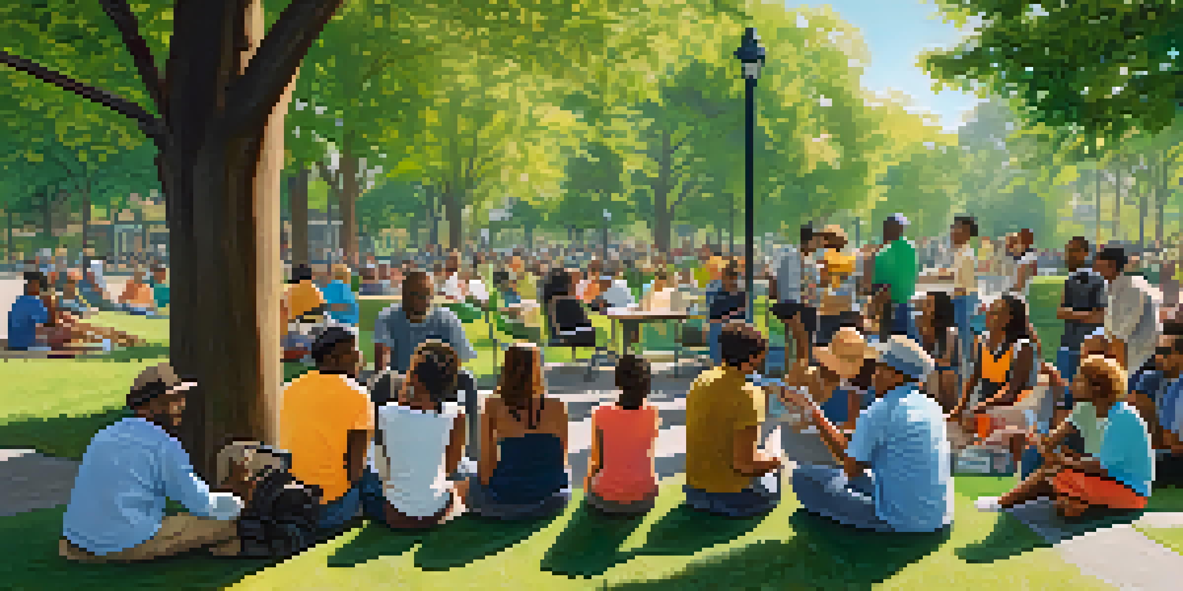 A diverse group of people in a park having a discussion about public safety, surrounded by greenery and colorful banners.