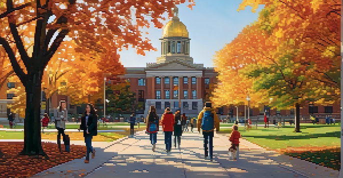A wide view of the University of Minnesota campus in autumn, filled with colorful leaves and students.