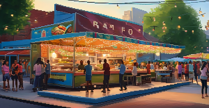 A lively street food market in Minneapolis with colorful food trucks and diverse cuisines, filled with people enjoying their meals under string lights.