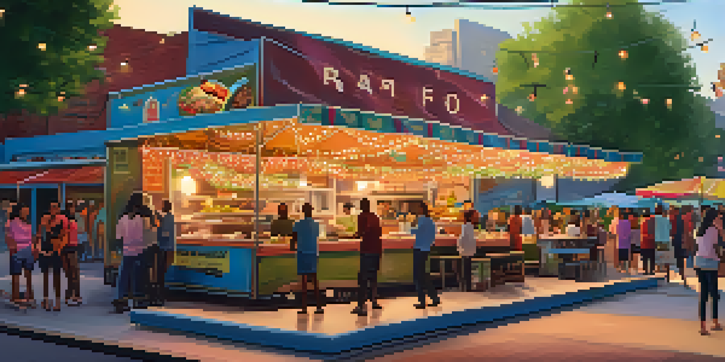 A lively street food market in Minneapolis with colorful food trucks and diverse cuisines, filled with people enjoying their meals under string lights.