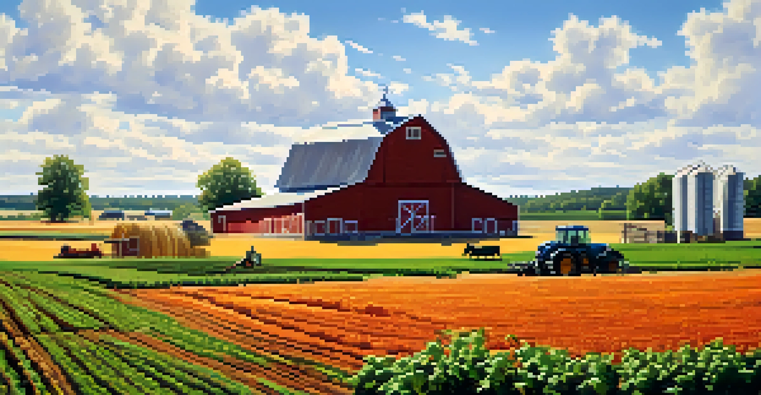 A scenic view of a local farm near Minneapolis with crops, a farmer harvesting vegetables, and a rustic barn in the background.
