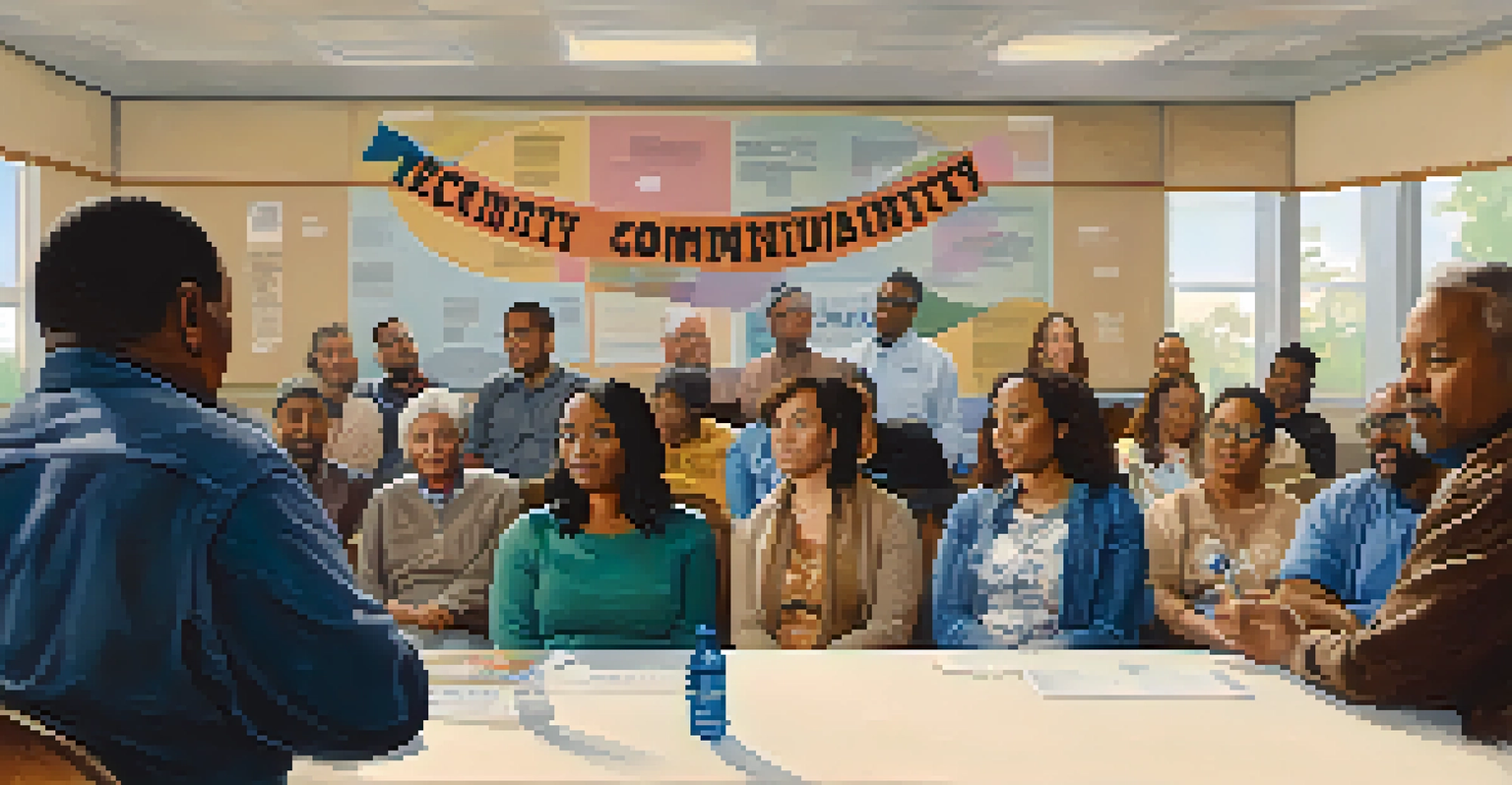 A local government town hall meeting with community members discussing housing initiatives led by a city official at a podium.
