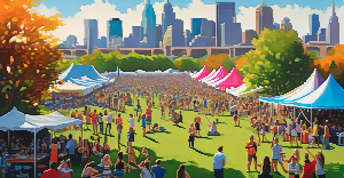 A lively summer music festival in Minneapolis with a diverse crowd enjoying live music and food vendors under the sun.