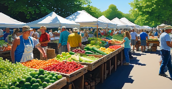 A lively farmers' market in Minneapolis filled with fresh produce and local farmers engaging with customers under a sunny sky.