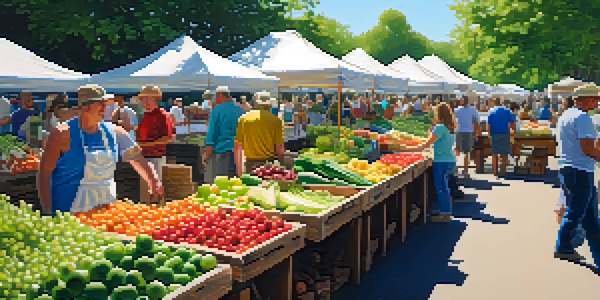 A lively farmers' market in Minneapolis filled with fresh produce and local farmers engaging with customers under a sunny sky.