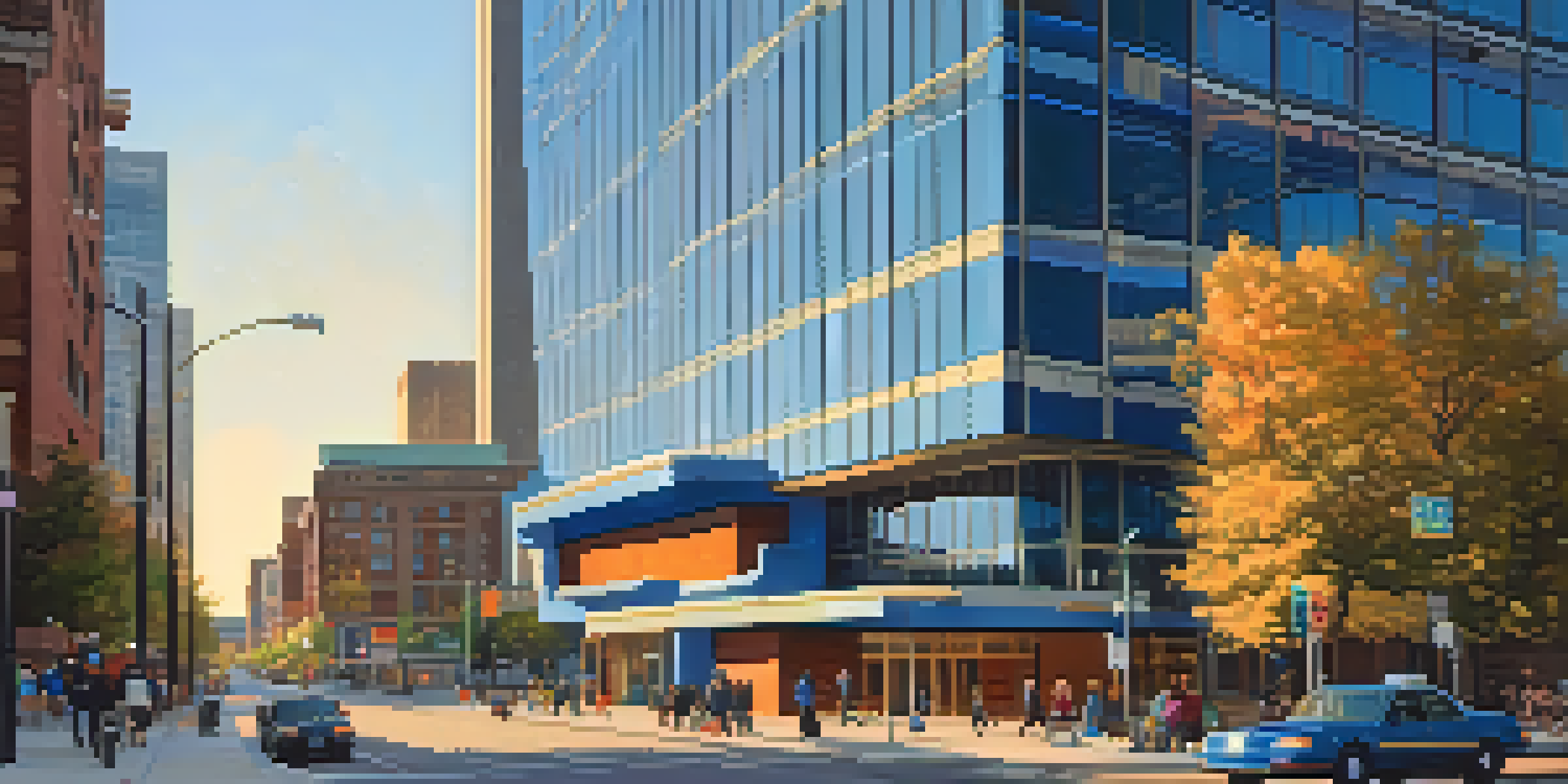 A lively street scene in Minneapolis, highlighting the unique postmodern architecture of the Guthrie Theater and the Minneapolis Central Library, bathed in warm evening light with people walking around.