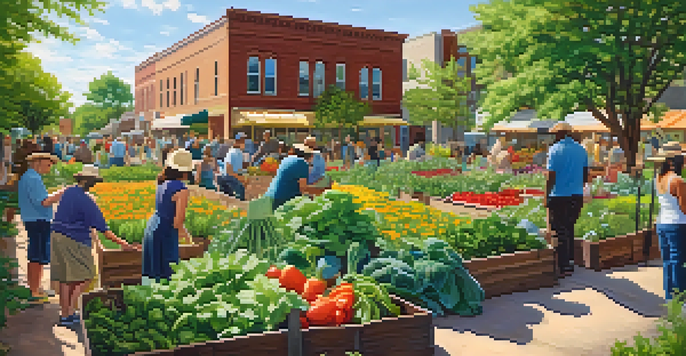 A community garden in Minneapolis with diverse individuals working together among colorful vegetables and flowers, illuminated by warm sunlight.