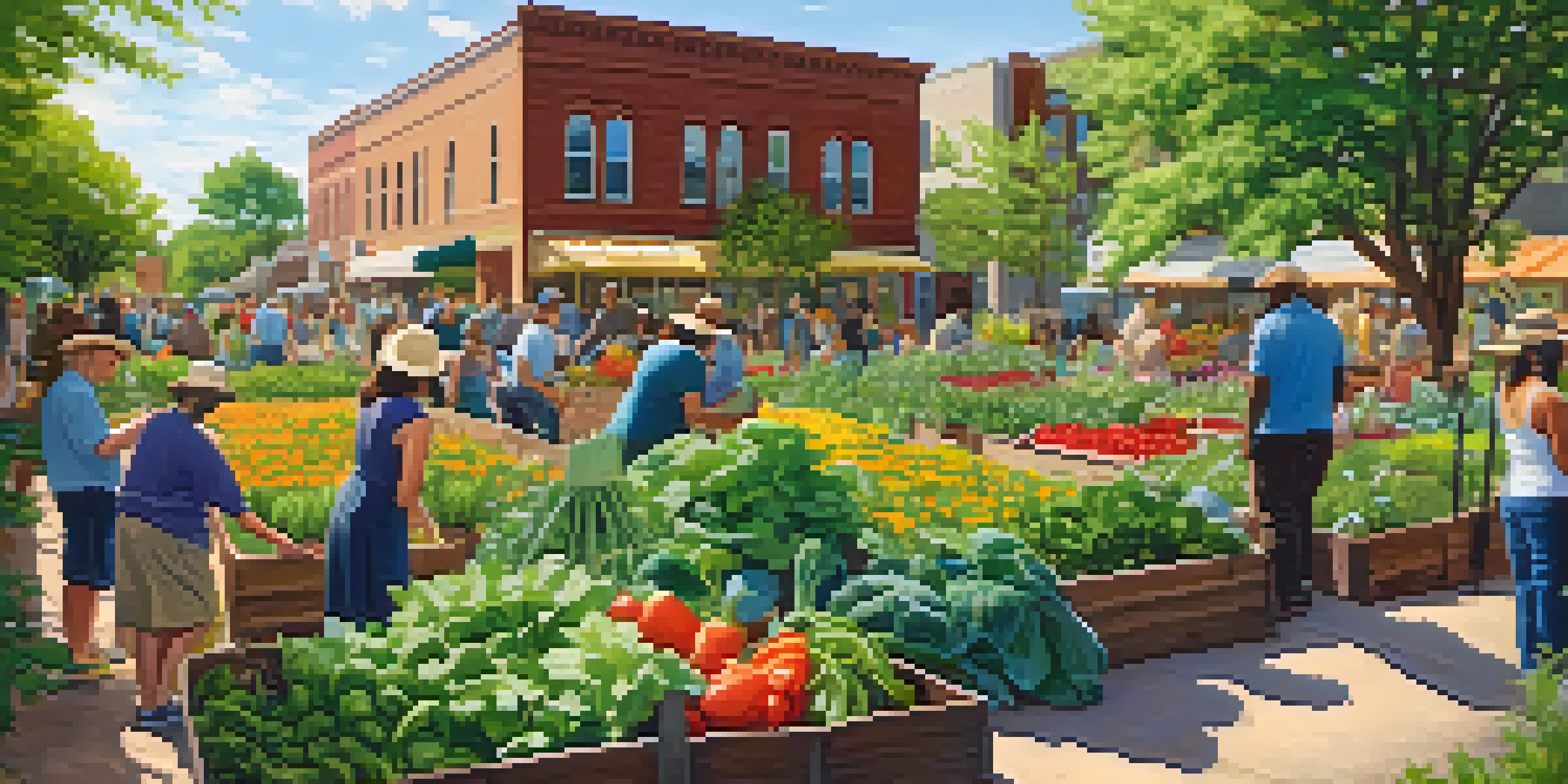 A community garden in Minneapolis with diverse individuals working together among colorful vegetables and flowers, illuminated by warm sunlight.