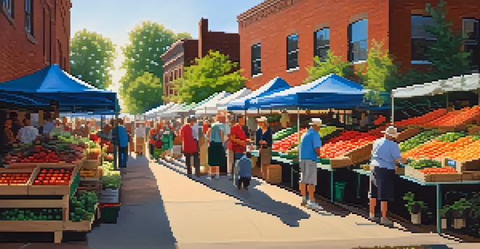 A lively farmer's market with colorful fruits and vegetables, local farmers, and shoppers enjoying their time together.