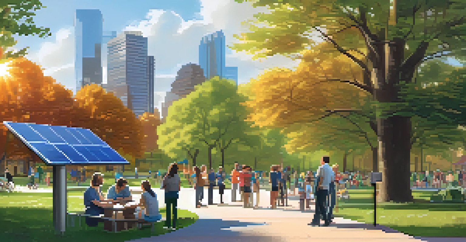 An educational solar panel display in a Minneapolis park with visitors learning about renewable energy.