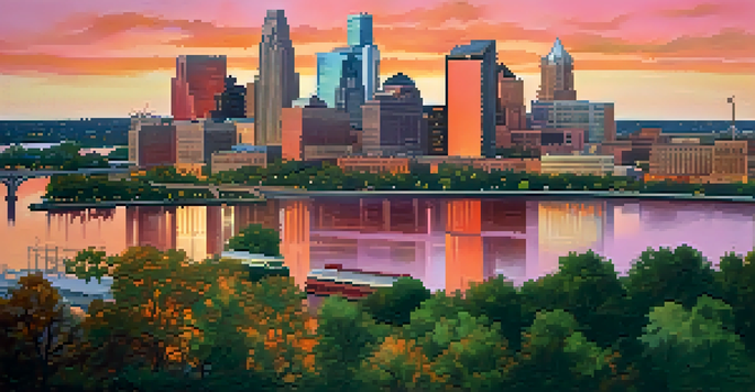 A panoramic view of the Minneapolis skyline at sunset with modern skyscrapers and historic buildings, reflecting on the river.