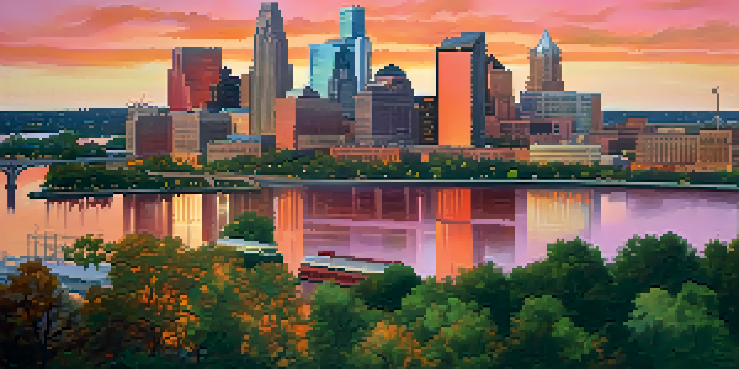 A panoramic view of the Minneapolis skyline at sunset with modern skyscrapers and historic buildings, reflecting on the river.