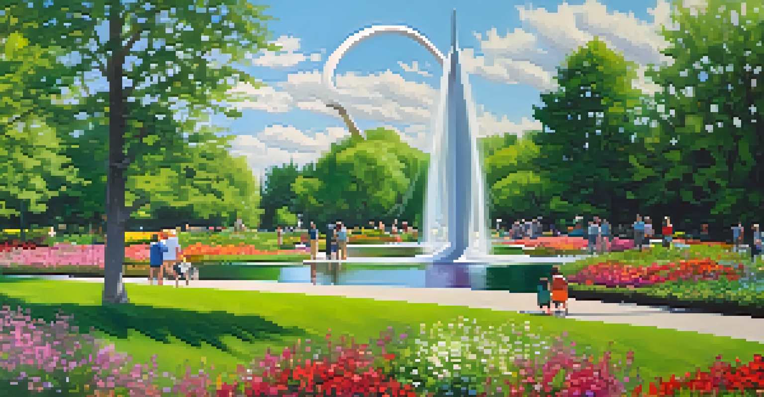 A beautiful sculpture garden with the Spoonbridge and Cherry sculpture, vibrant flowers, and visitors enjoying the art in a serene setting.