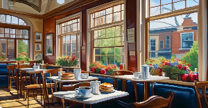 A table set for brunch in a cozy café, showcasing pancakes with berries and coffee, illuminated by natural light.