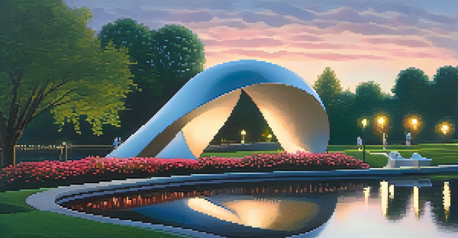 The Spoonbridge and Cherry sculpture in the Minneapolis Sculpture Garden at dusk, surrounded by flowers and a reflecting lake.