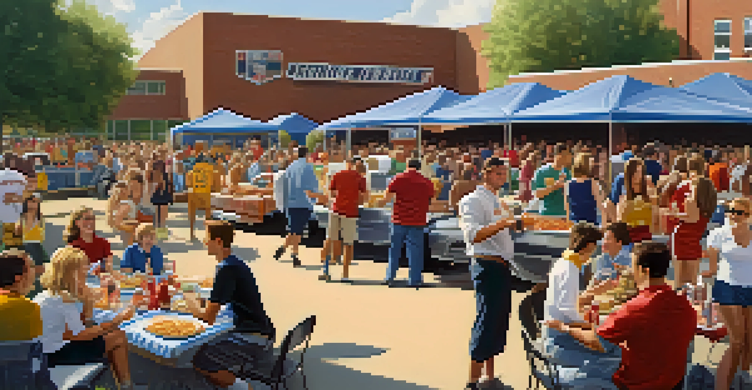 A lively tailgate party with families and friends enjoying food and festivities in team colors outside a college sports venue.