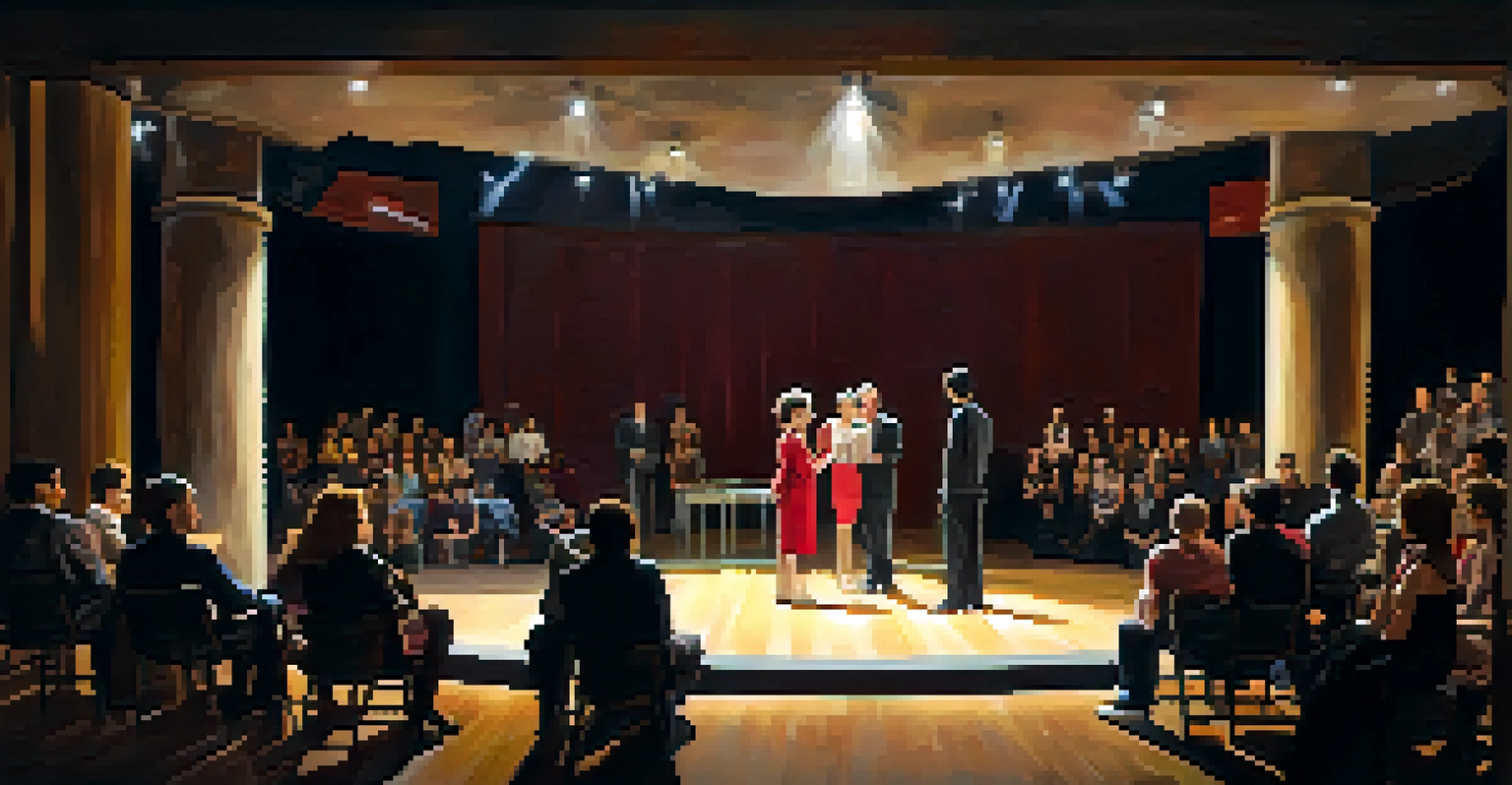 A local theater performance at the Guthrie Theater, featuring diverse actors on stage with dramatic lighting and an engaged audience.