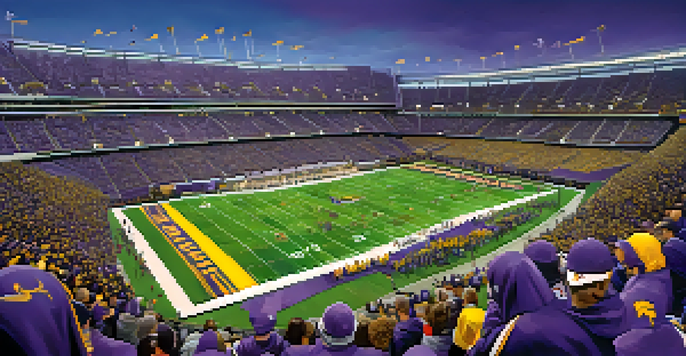 An energetic football game at U.S. Bank Stadium with fans in purple and gold cheering on the Minnesota Vikings, under a clear blue sky.