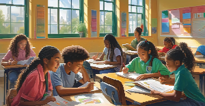 A lively classroom with diverse students collaborating on a project, surrounded by educational materials and bright sunlight.