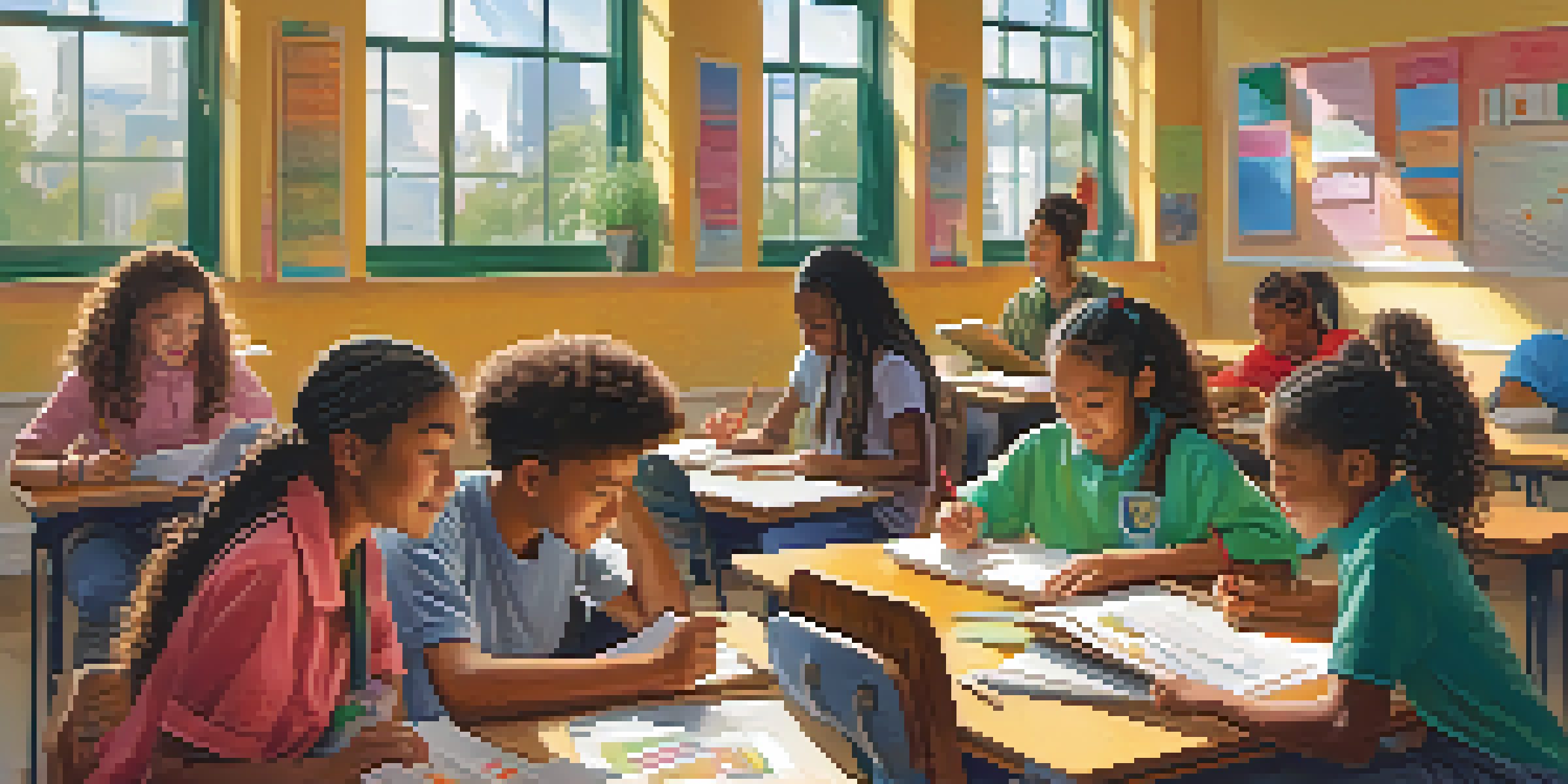 A lively classroom with diverse students collaborating on a project, surrounded by educational materials and bright sunlight.