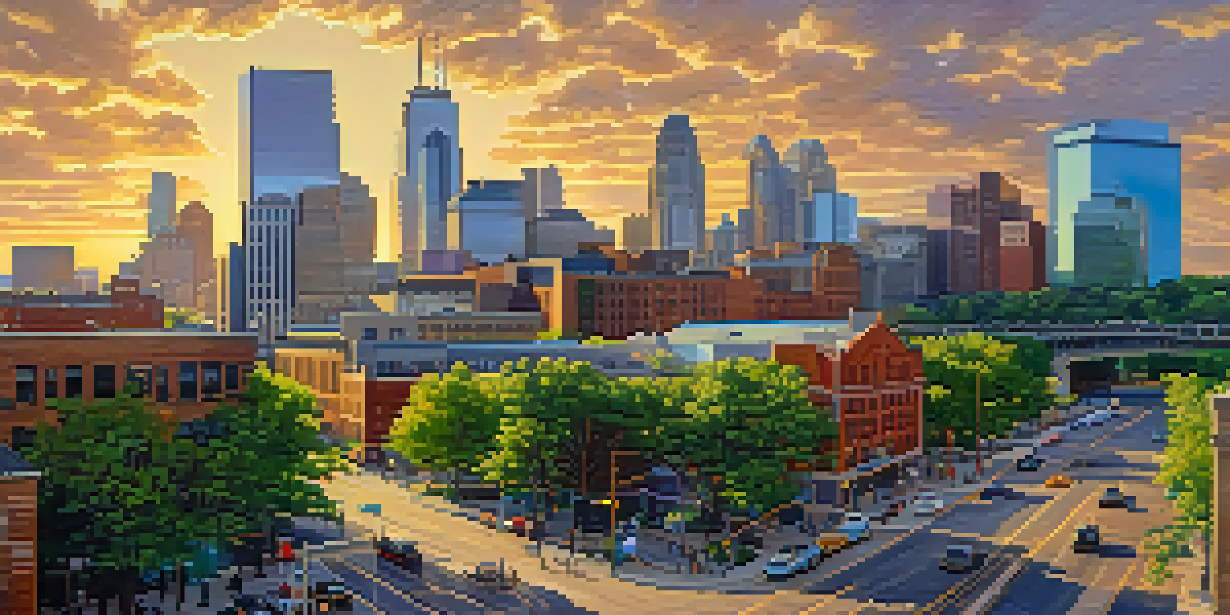 A cityscape of Minneapolis at sunset, featuring diverse people, modern buildings, and green spaces.