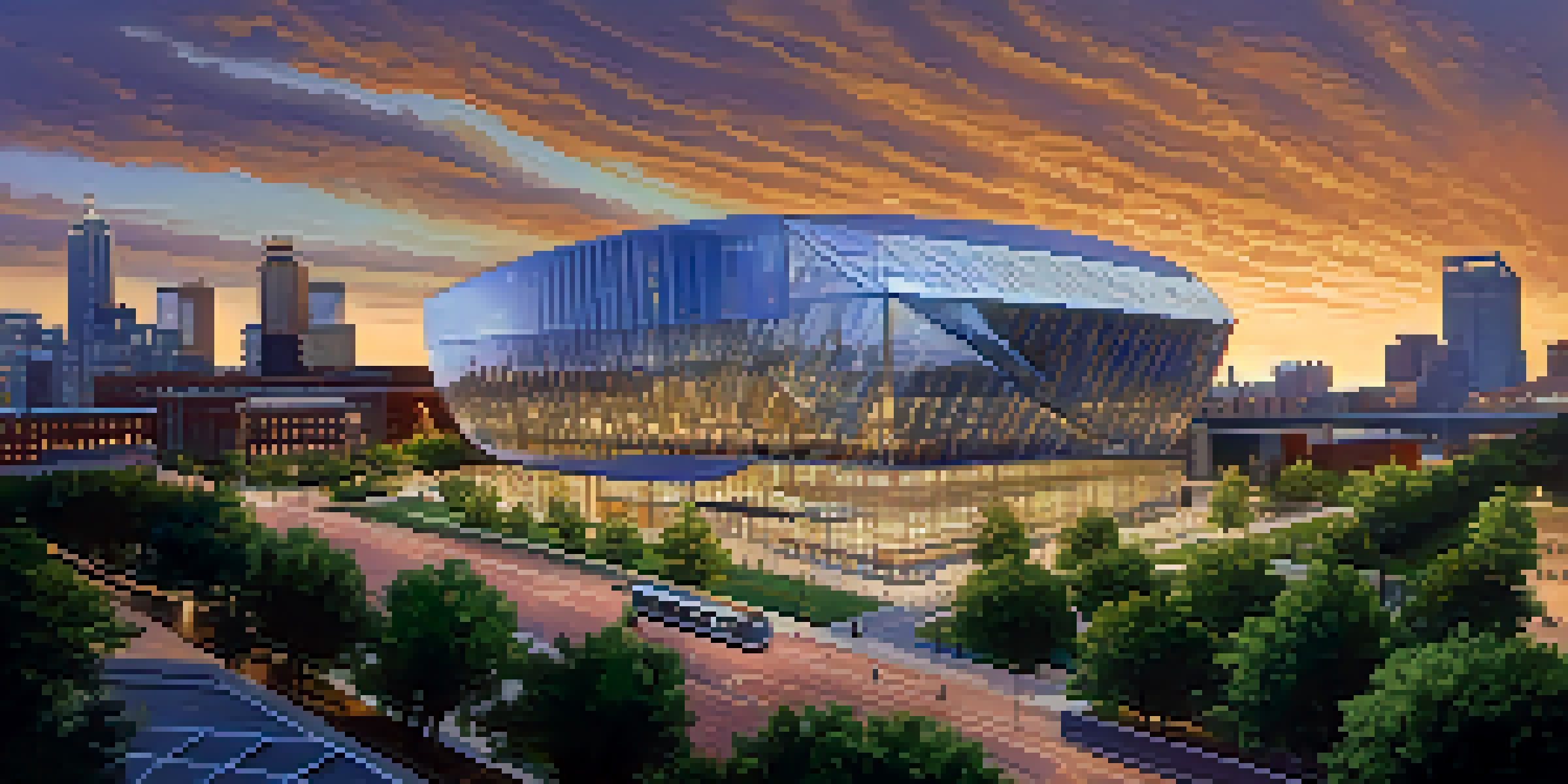 A panoramic view of Minneapolis highlighting modern buildings, especially the U.S. Bank Stadium, at sunset with vibrant colors and green spaces.