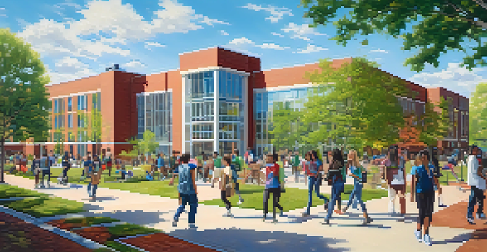 A lively community college campus in Minneapolis with diverse students participating in educational activities amidst green spaces and modern buildings.