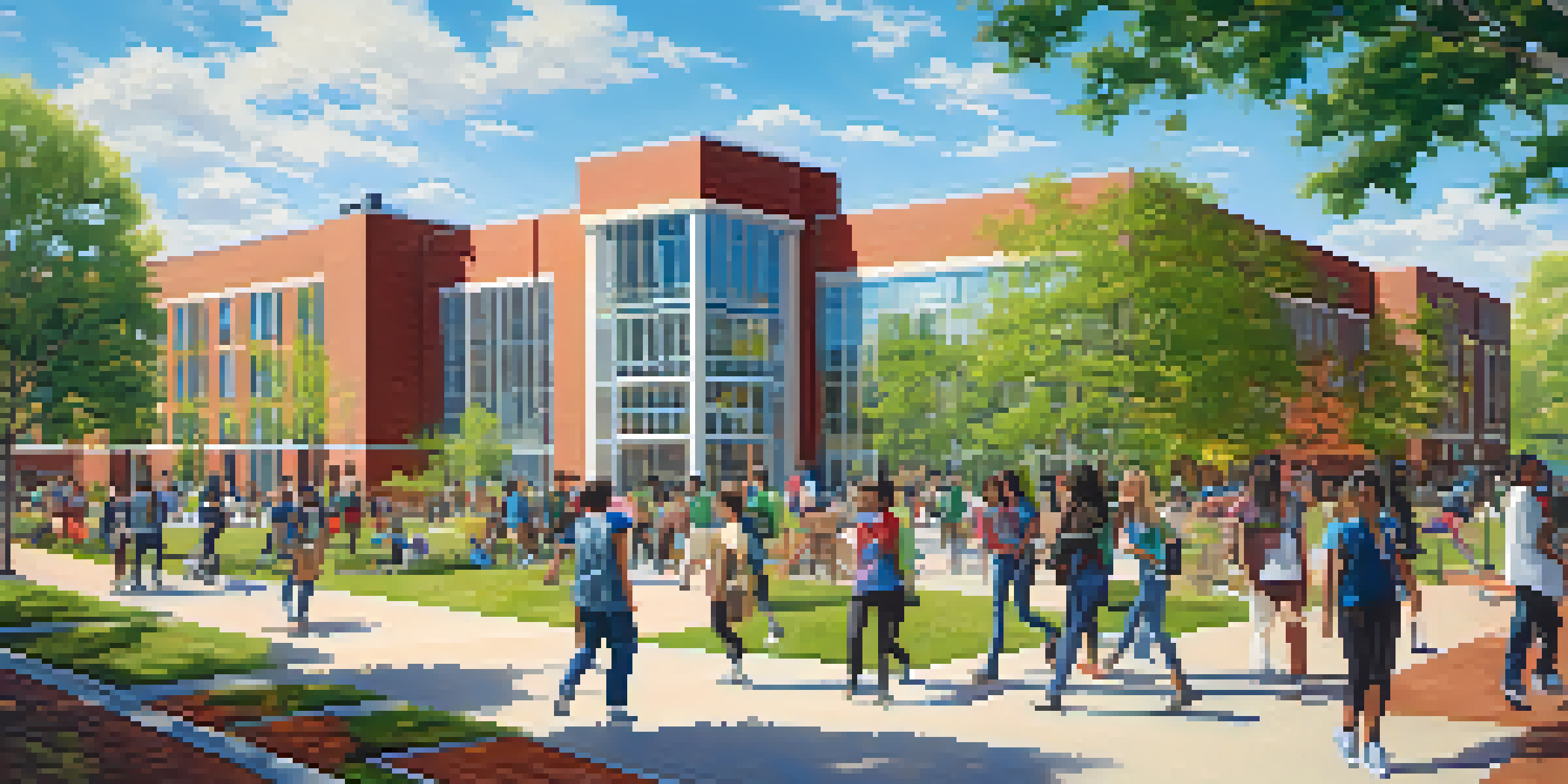 A lively community college campus in Minneapolis with diverse students participating in educational activities amidst green spaces and modern buildings.