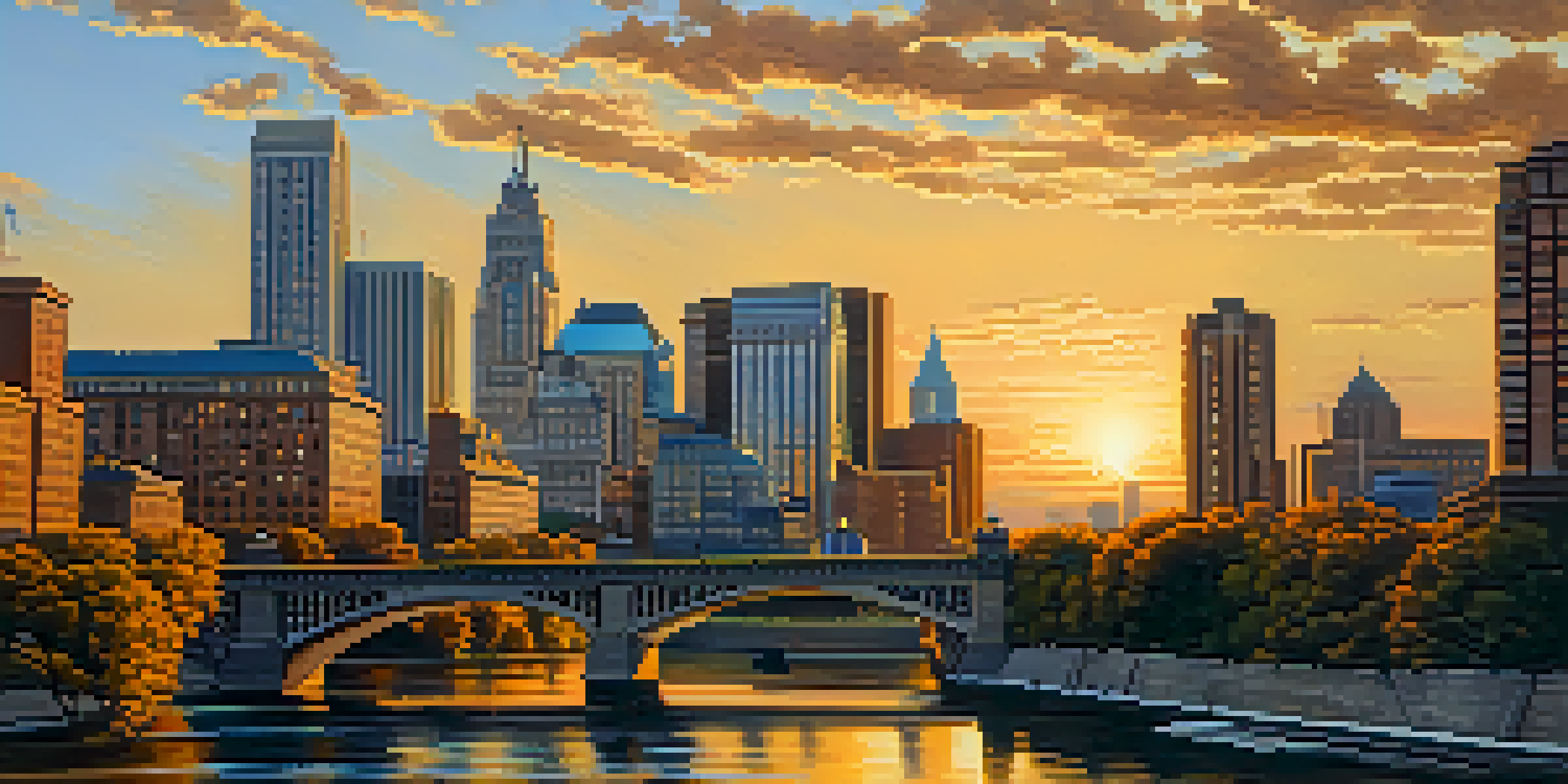 A sunset view from Stone Arch Bridge with golden reflections on the river and silhouettes of people.